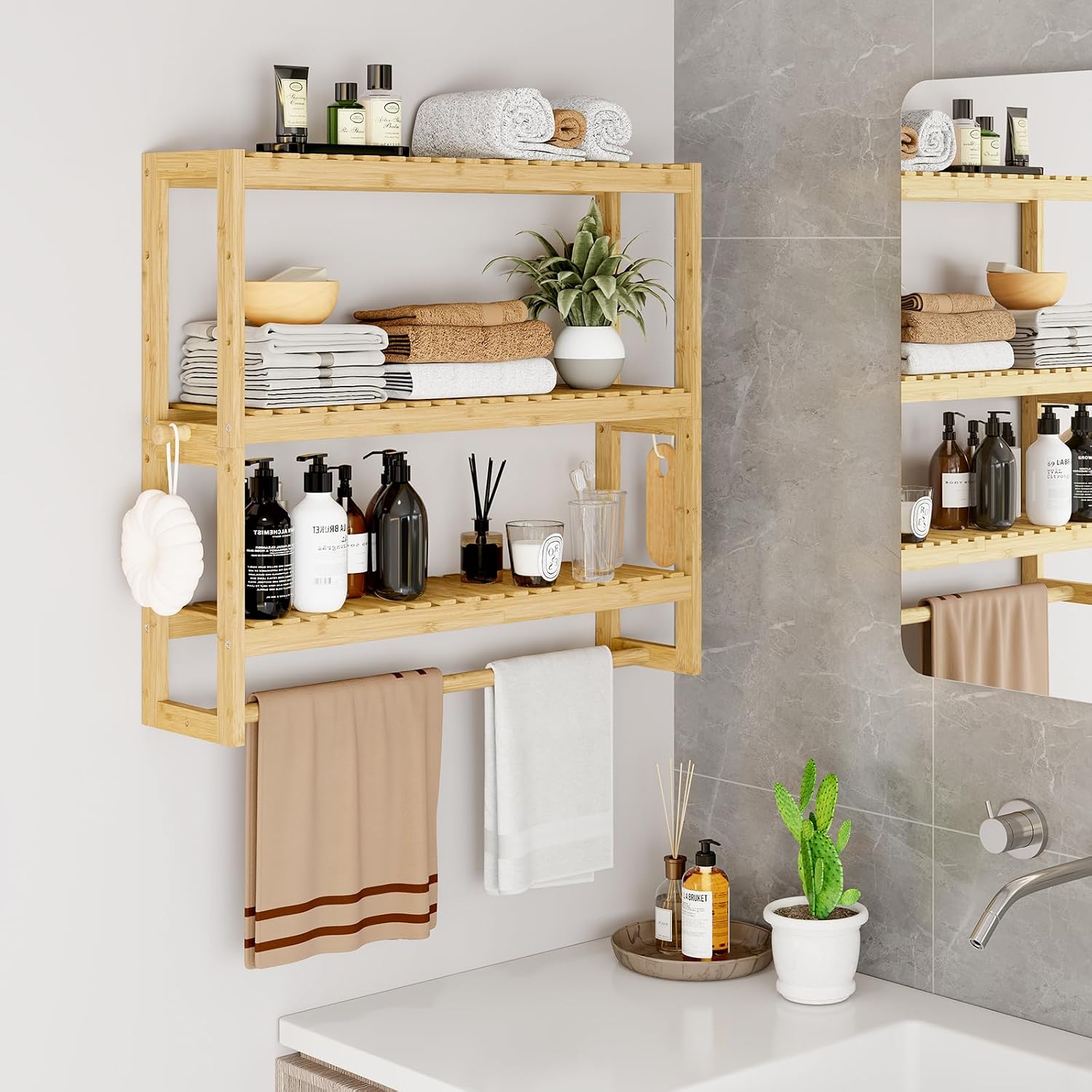 RRX Bathroom Shelf Storage Organizer, Shelf 3-Tier Adjustable Layer, Beige