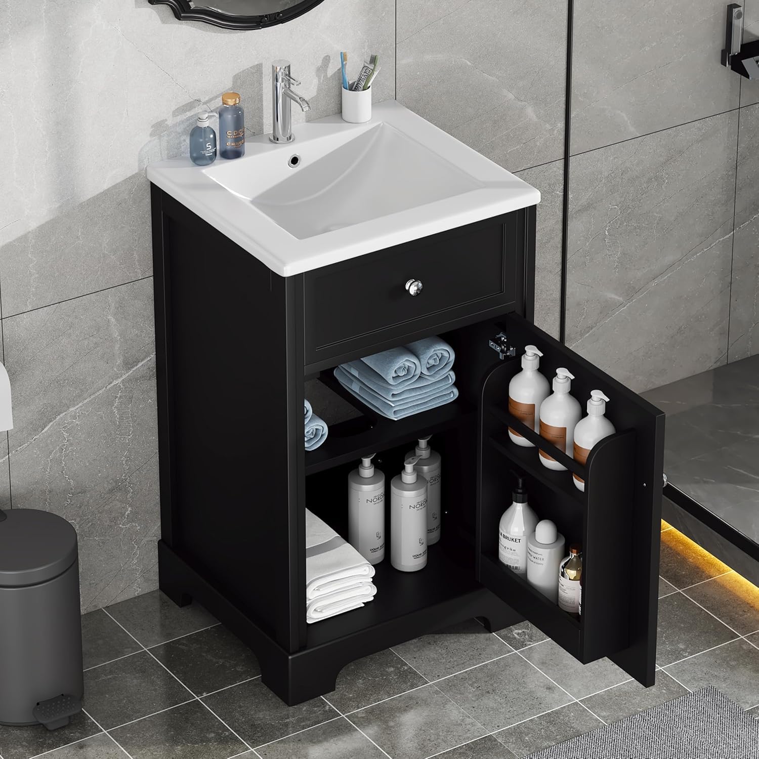 Virubi 20 in Small Bathroom Vanity with Sink, Soft Closing Door,Tilt-Out Drawer and Adjustable Shelf,Solid Wood Frame Modern Single Bathroom Sink Cabinet with Storage, Freestanding, Natural Wood