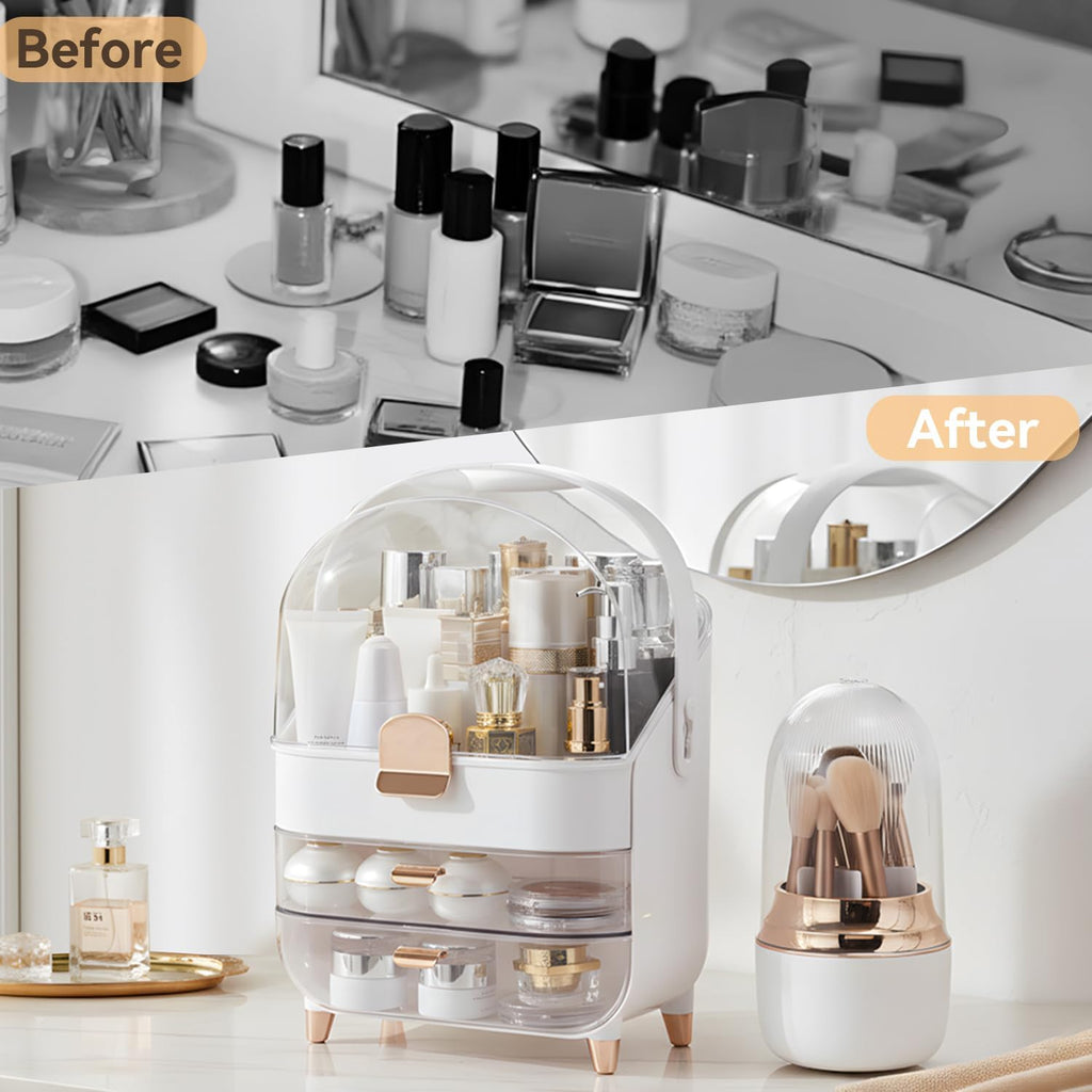 Makeup Organizer for Vanity with Brush Holder, Lid and 2 Drawers, Rose Gold
