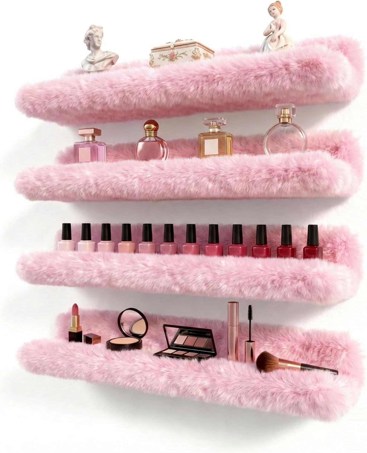 Care&More YJ 15 Inch Nail Polish Shelves, 4-Pack Fuzzy Display Nail Polish Rack for Storing Nail Bottles, Sunglasses, Essential Oils, Plush Soft Pink