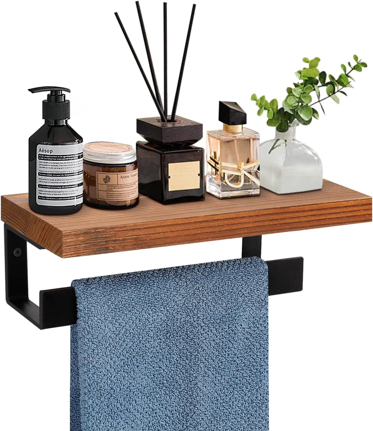 Hand Towel Holder/Towel Ring with Wooden Shelf, Hand Towel Rack, Hand Towel Hanger for Bathroom, Bath Accessories Wall Mounted, (Matte Black, 9"-Squ Shaped)