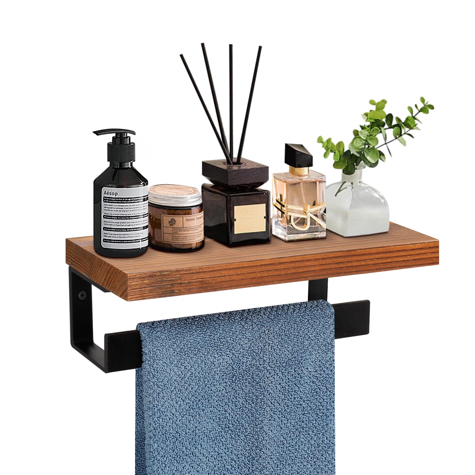 Hand Towel Holder/Towel Ring with Wooden Shelf, Hand Towel Rack, Hand Towel Hanger for Bathroom, Bath Accessories Wall Mounted, (Matte Black, 9"-Squ Shaped)
