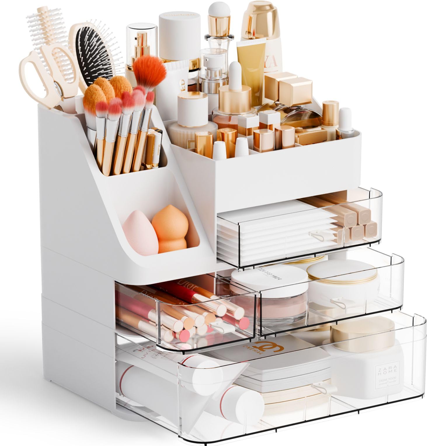 Yieach White Makeup Organizer Countertop With 4 Drawers,Large Cosmetics Storage Organizer for Brush,Hair Products,Plastic Makeup Holders and Beauty Skincare Organizers for Bathroom,Vanity,Dresser Top