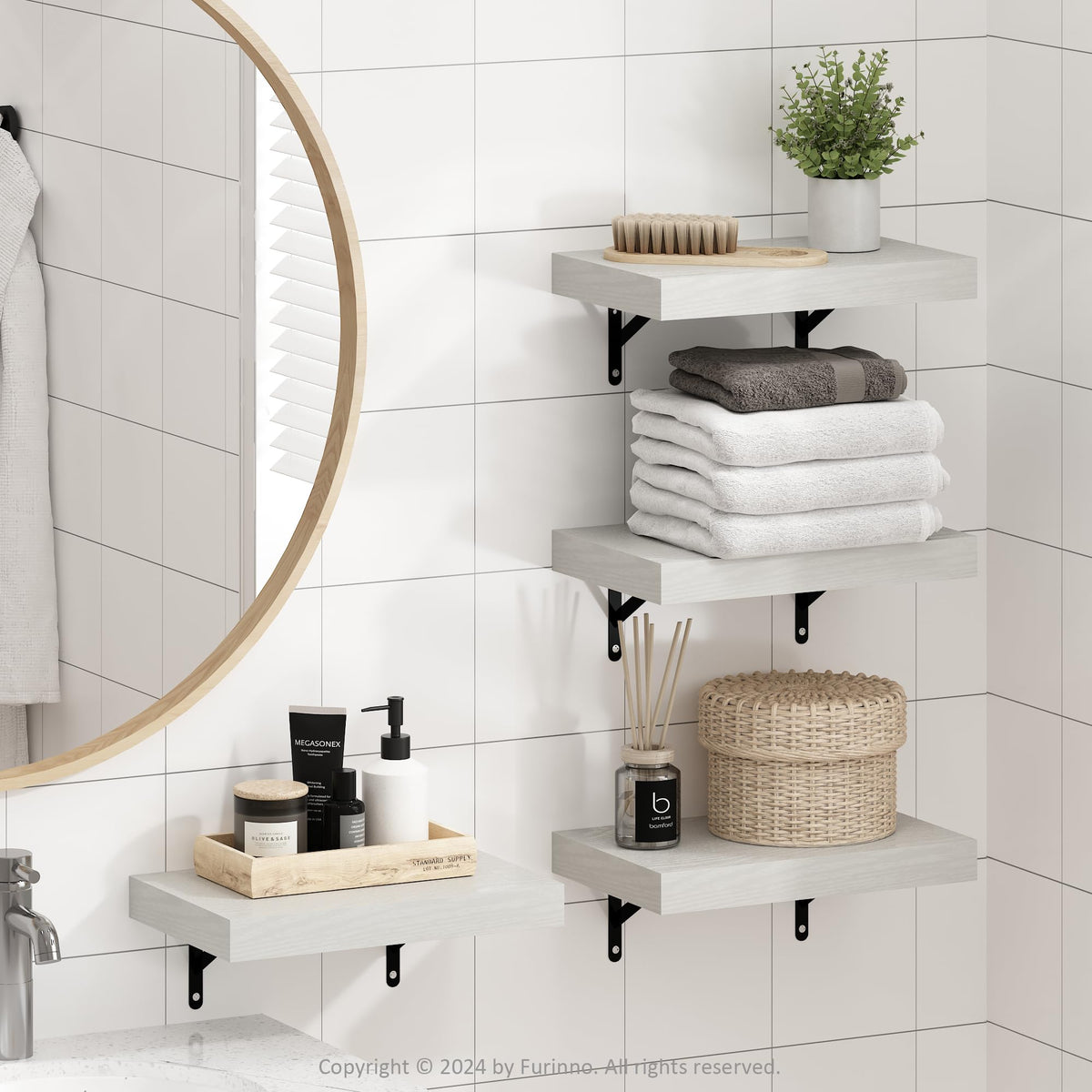 Furinno Tanna Floating Shelves for Wall Set of 2, 15-Inch Bathroom Wall Shelf, Wall Mounted Shelf, for Bathroom Organizers and Storage, Living Room, White Texture