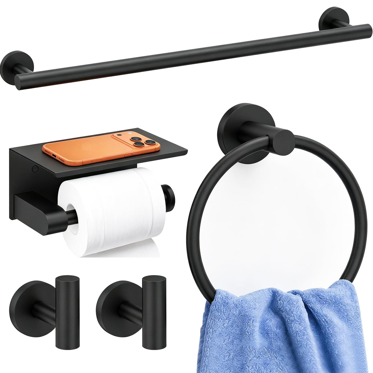 5 Pieces Bathroom Hardware Accessories Set Brushed Gold, 24Inch Bathroom Towel Rack Set SUS304 Stainless Steel, Round Toilet Paper Holder with Shelf Heavy Duty, Wall Mounted