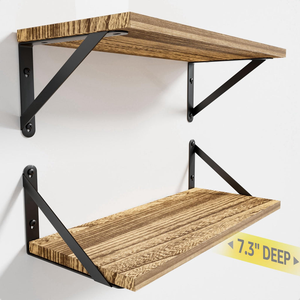 COCOYA Wall Shelves 7.3" Deep Solid Paulownia Wood (Black, Set of 2)