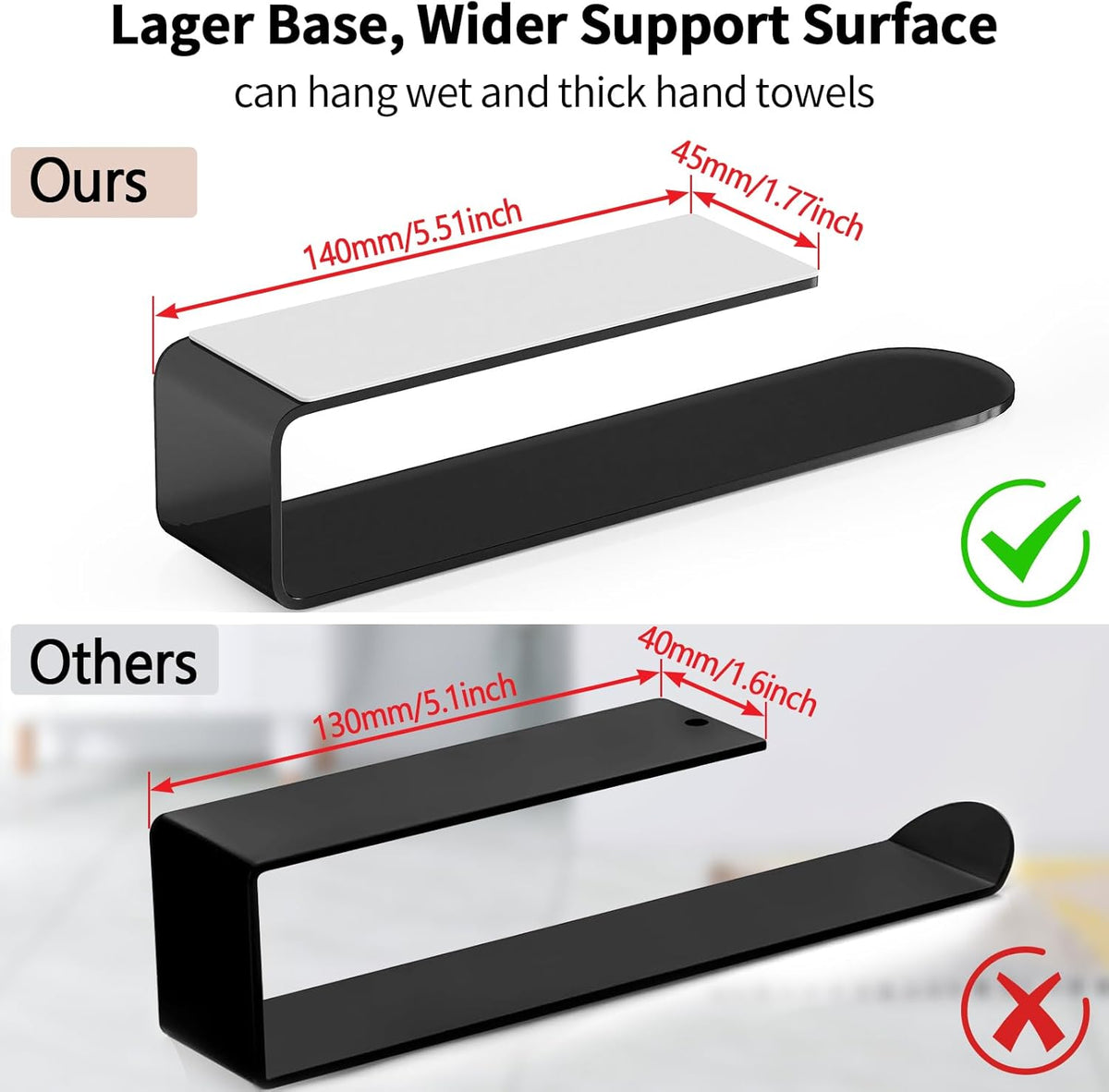 Bethom Hand Towel Holder, 8 Inch Self Adhesive Towel Racks Black, 2 Pack