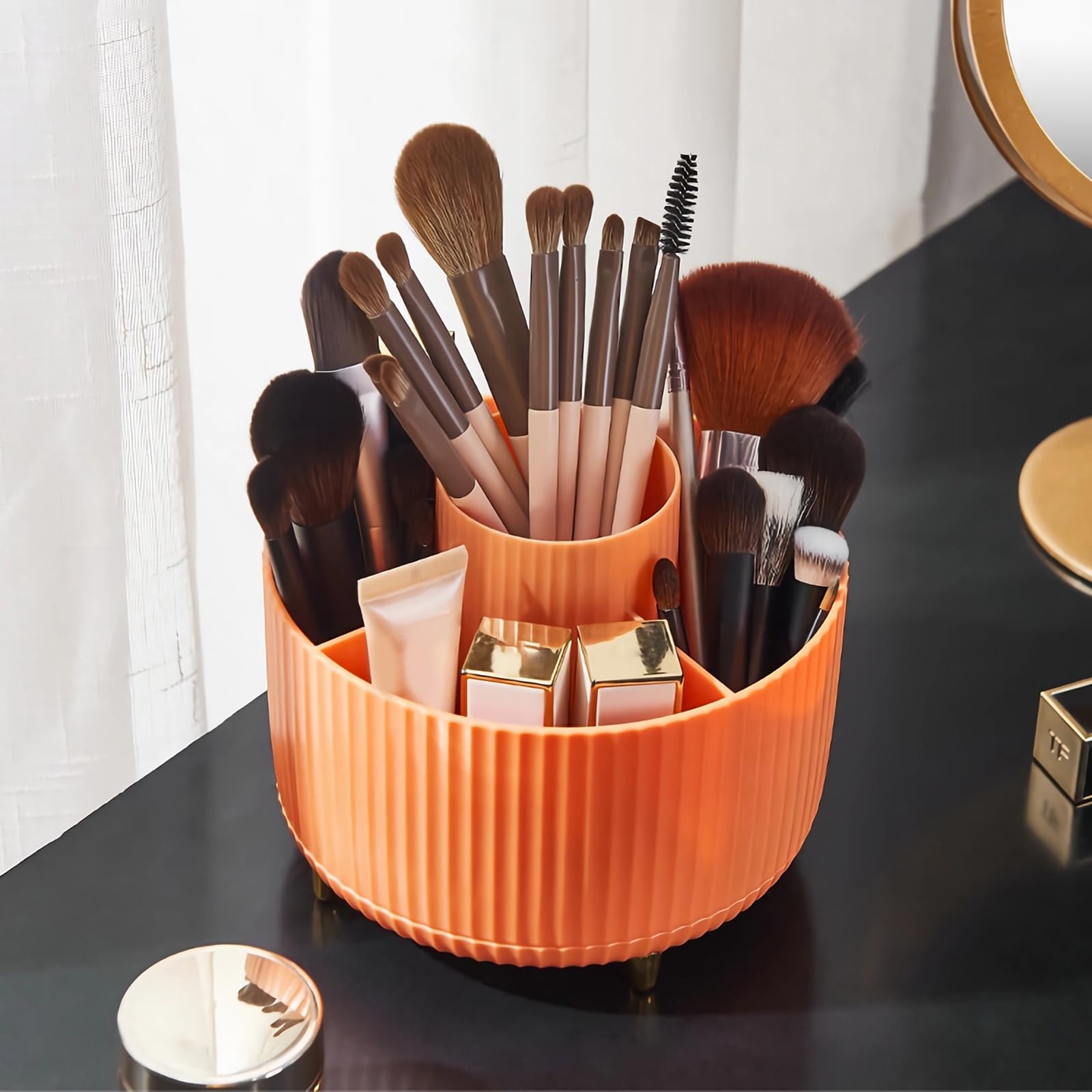 Diesisa Makeup Brush Holder Organizer,360° Rotating Makeup Brush Organizer,5 Slot Make up Brushes Cup for Cosmetics, Nail Polish, Art Supply, Bathroom Vanity Desktop Organizer - White