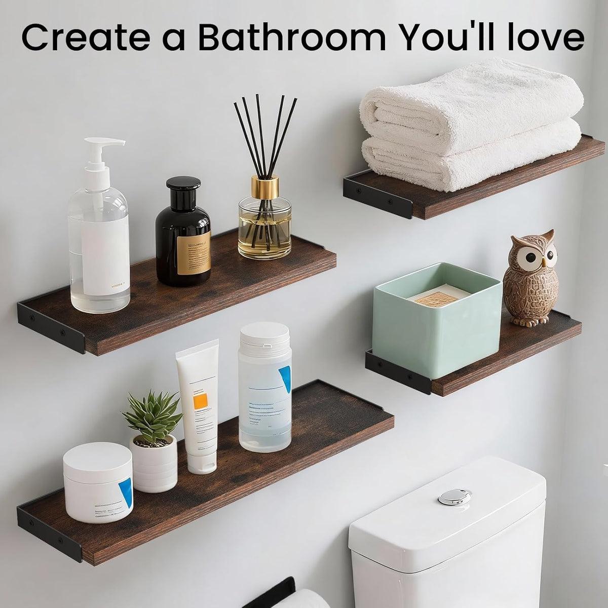 BAYKA Floating Shelves for Wall, Book Shelf for Bedroom, Decor Shelves for Living Room Kitchen, Mounted Wood Floating Shelf for Home Decor, Corner Shelf for Bathroom, Office(Dark Brown,Set of 4)