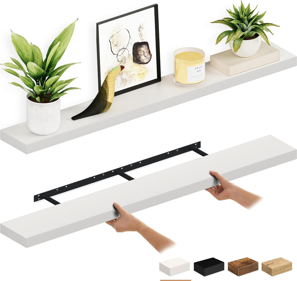 Ballucci Floating Shelves, 55" Wood Wall Shelf Set of 2, with Invisible Brackets for Bathroom, Living Room, Bedroom, Kitchen, Nursery, 6" Deep, White