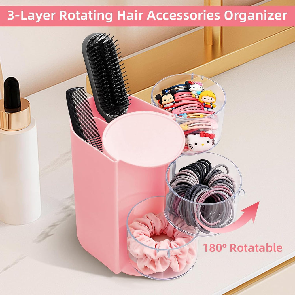 neotidy Hair Accessories Organizer with Hair Brush Holder, Rotating Hair Tie Product Organizer for Girls, 3-Tier Makeup Brush Holder for Clips, Bows & Brushes (Pink, 3-Tier)