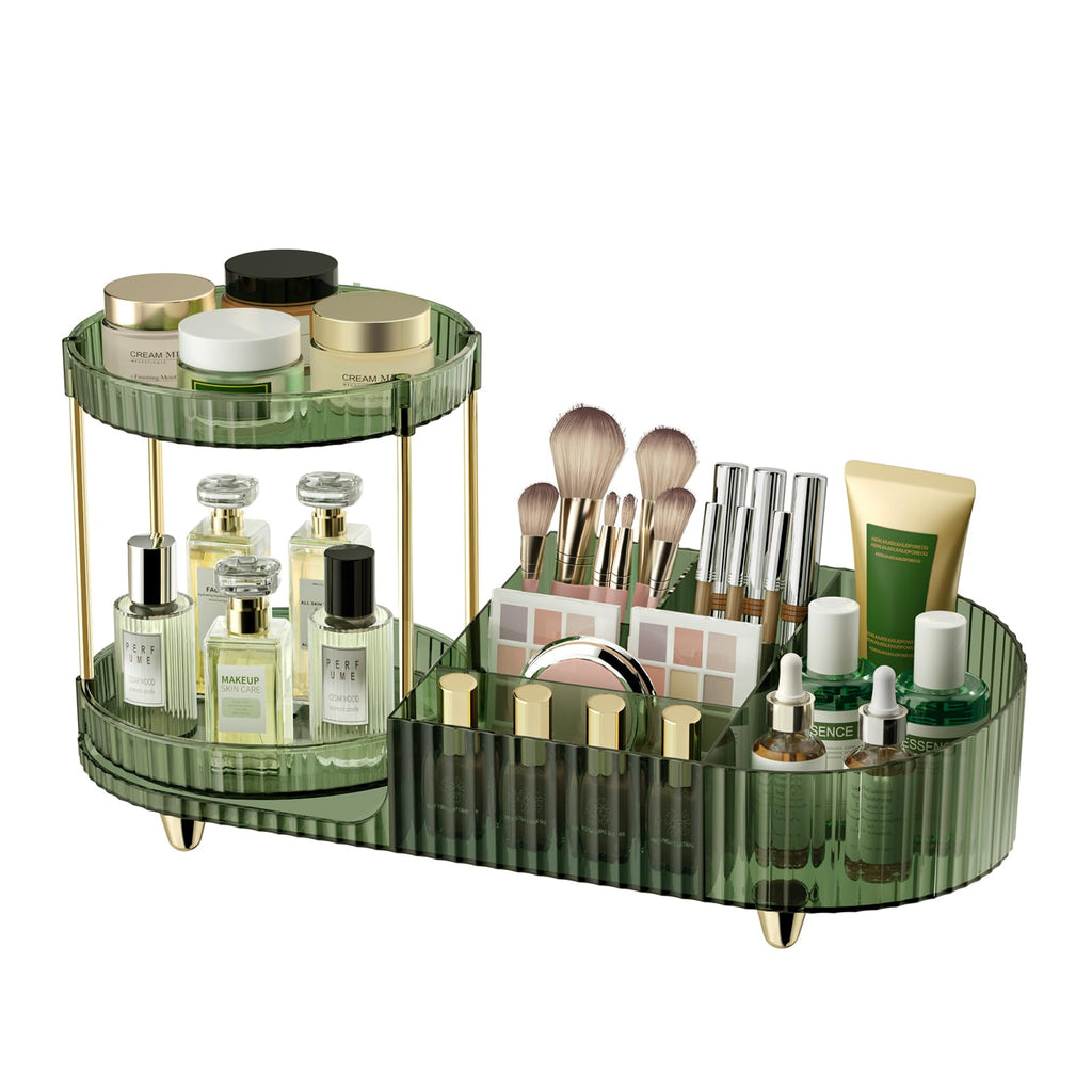 Makeup Organizer Countertop for Vanity, Rotating Perfume Tray with 5-compartment Cosmetic and Skincare Organizers, Multi-Purpose Desk Storage Makeup Brush Holder for Bathroom Bedroom Counter