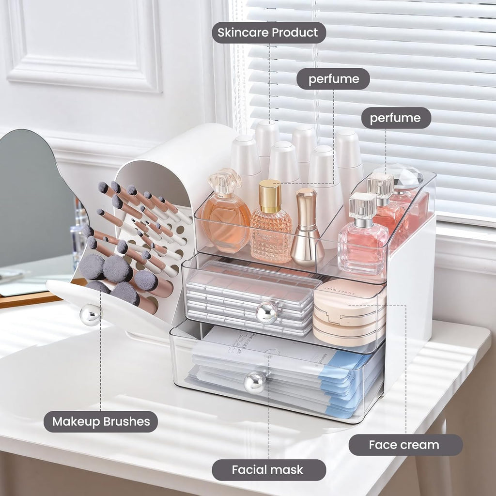 Makeup Organizer Countertop with Makeup Brush Holder,White