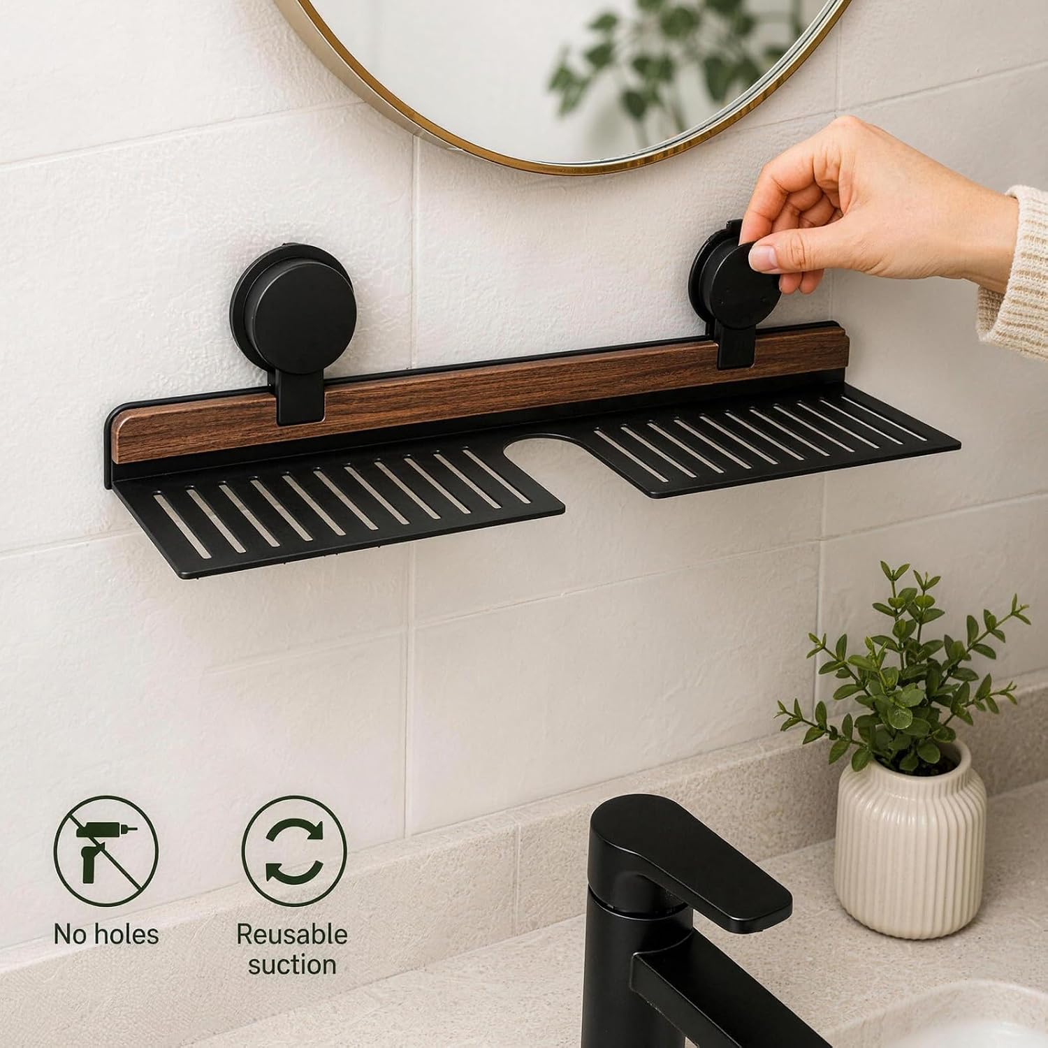Suction Mount Over Sink Bathroom Shelf Wood Metal Storage Tray