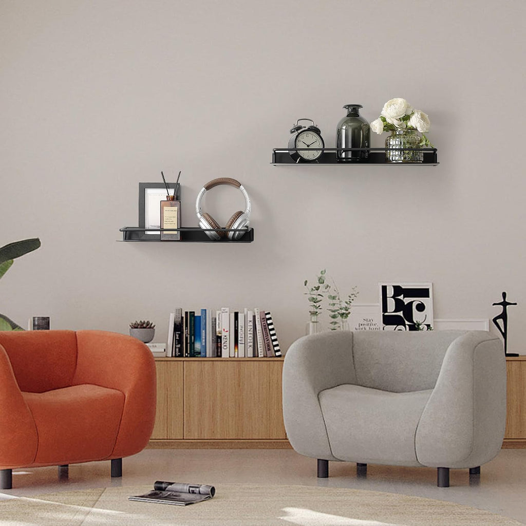 RFOUO 12 Inch Small Metal Wall Shelf with Guard Rail,Black,1 Pack