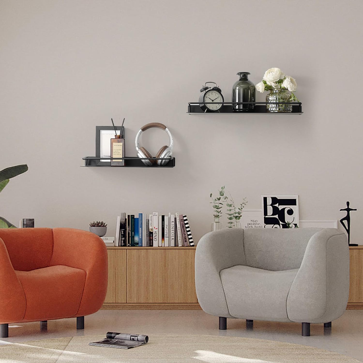 RFOUO 12 Inch Small Metal Wall Shelf with Guard Rail,Black,1 Pack