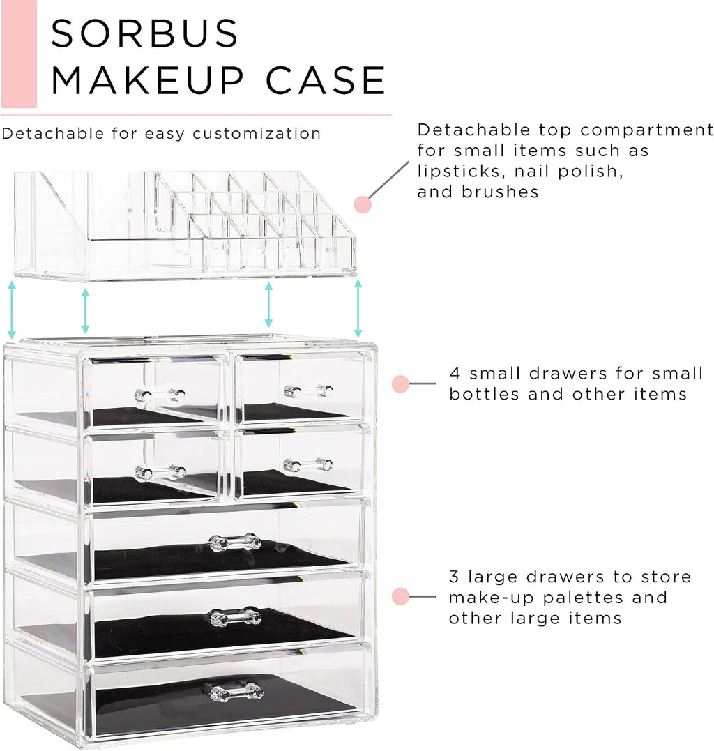 Sorbus Makeup Organizer, 7-Drawer Acrylic 2-Piece Set (Clear)