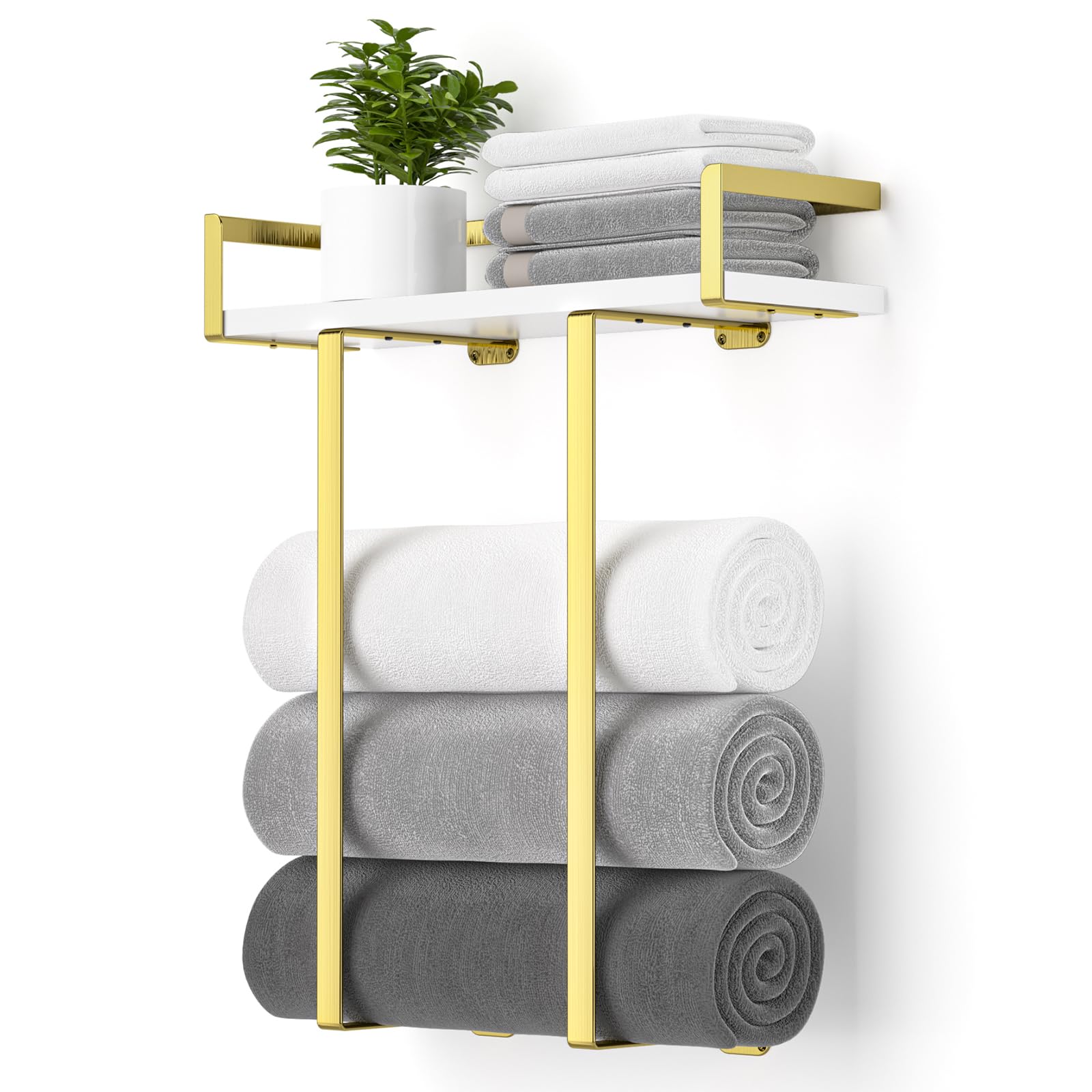 Xstydes Towel Racks for Bathroom Wall Mounted, Metal Towel Holder with Wooden Shelf for Folding Large Towels, Towel Storage for Small Bathroom Organizer Decor or RV Camping