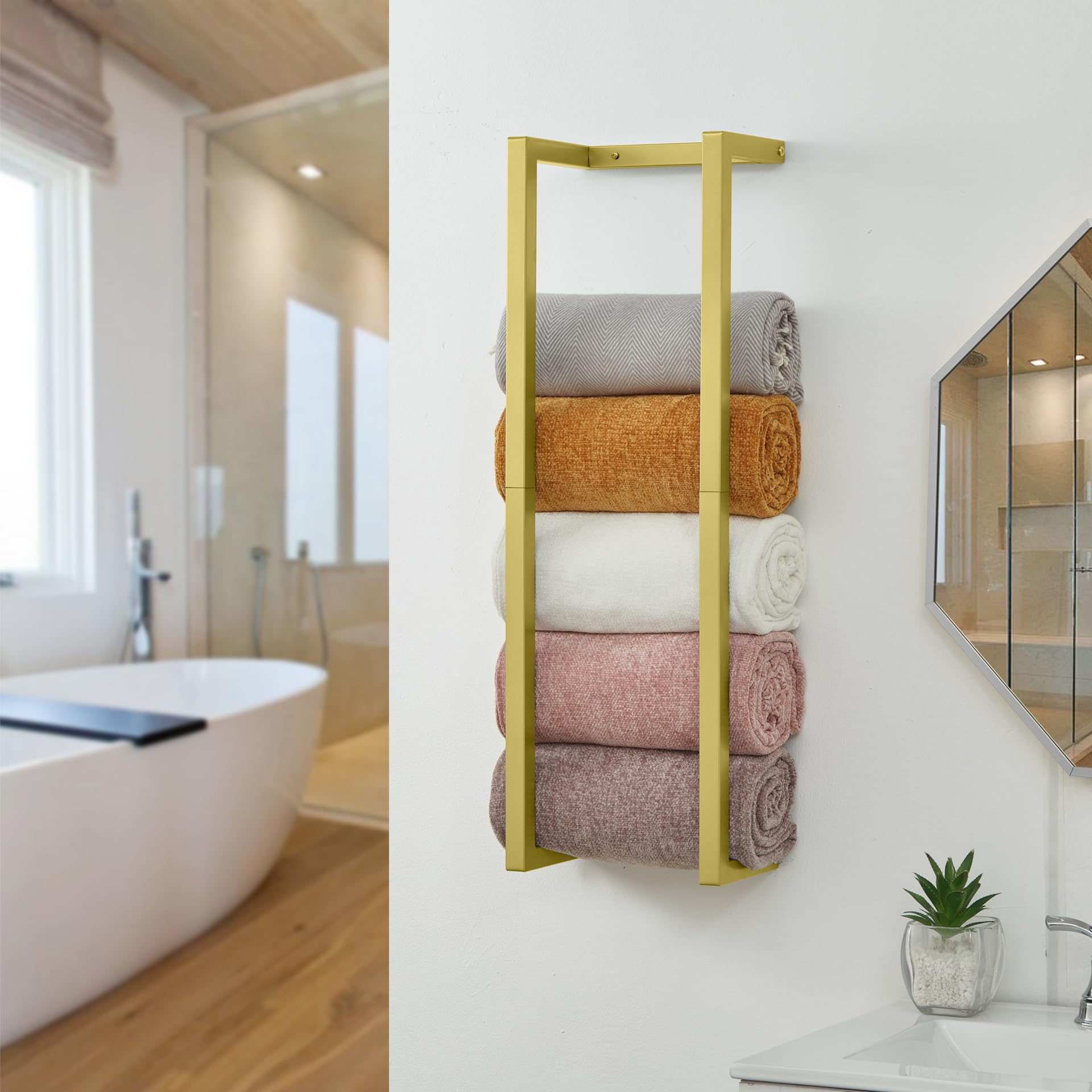 Towel Rack for Rolled Towels, Towel Rack for Bathroom,Wall Mounted Metal Bathroom Organizer, Bath Towel Holder Wall for Modern Small Space Bathroom Towel Storage (Black)