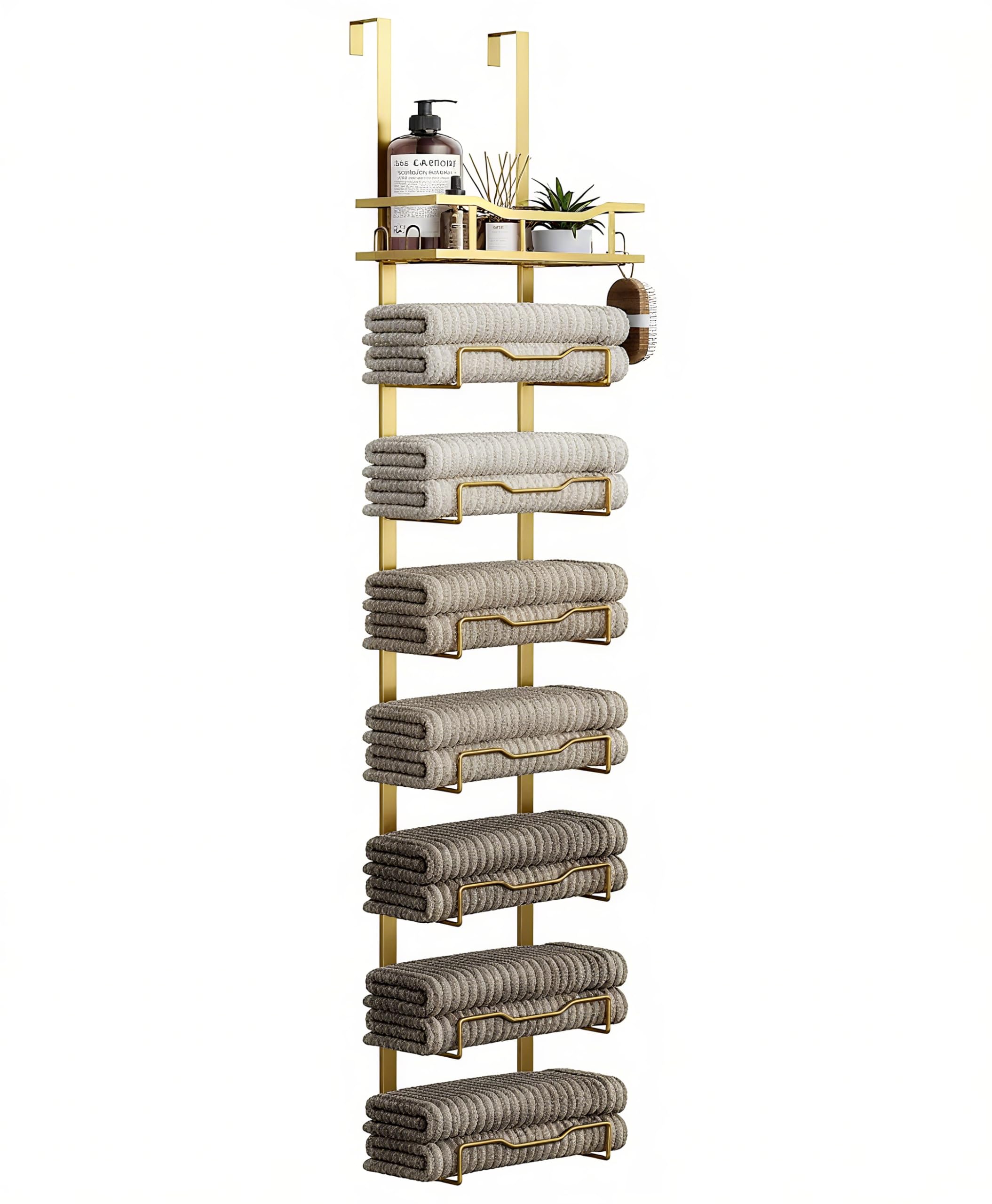 Aetyord Hanging Towel Racks for Bathroom No Drill - 6-Tier Over The Door Bath Towel Storage Organizer for Small Bathrooms - Tiered Back of Door Towel Holder Hanger for Rolled Towels RV Camper Black