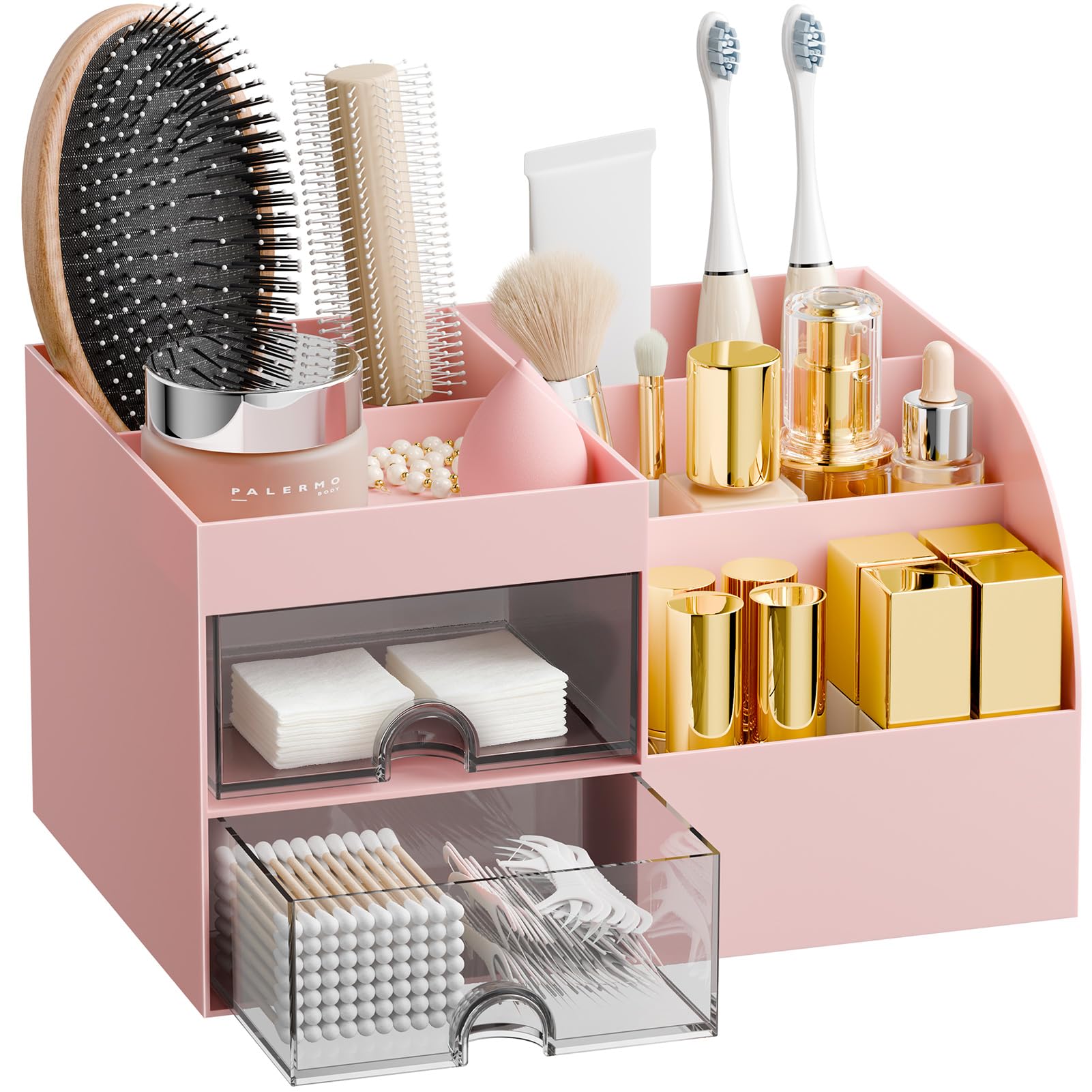 Makeup Organizer with 2 Drawers, Makeup Organizers Countertop for Vanity and Bathroom, Make up organization and Skincare Storage with Brush Holder, for Dresser, Desktop, Cosmetic Display Case(Green)