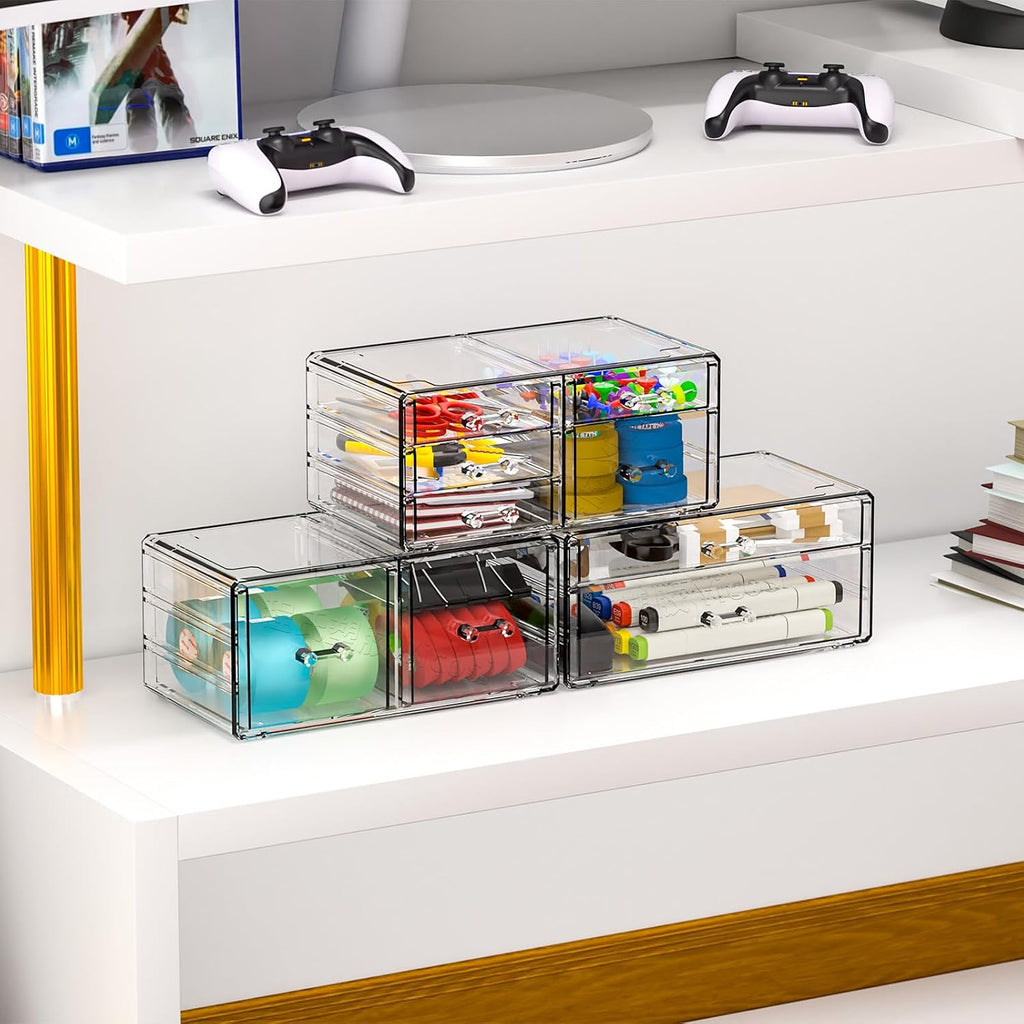 Cq acrylic Clear Stackable Storage Drawers,Plastic Makeup Organizer and Bathroom Storage Bins WIth 9 Drawers For Make up,Medicine,Craft,Pen,Beauty and Office Supply Organizer