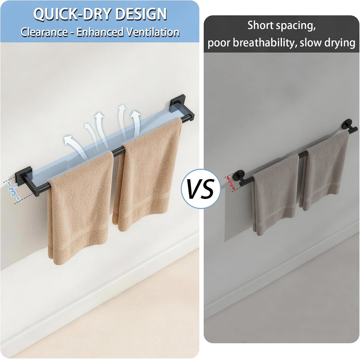 MKO Towel Bar for Bathroom, 24" 2 Pack Wall Mounted Towel Rack, Black