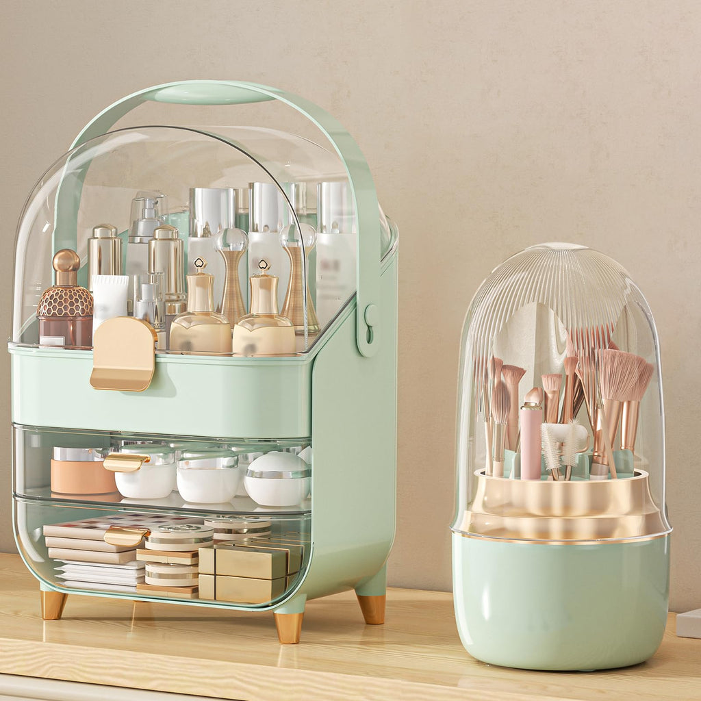 Makeup Organizer Countertop, Skincare Holder Bathroom Counter Organizer, Storage Box Cosmetic Display Cases, Teen Girl Gifts Make up Organizers (Pink/Brush)