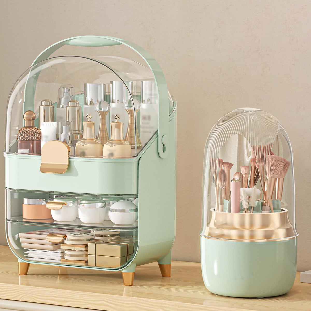 Makeup Organizer Countertop, Skincare Holder Bathroom Counter Organizer, Storage Box Cosmetic Display Cases, Teen Girl Gifts Make up Organizers (Pink/Brush)