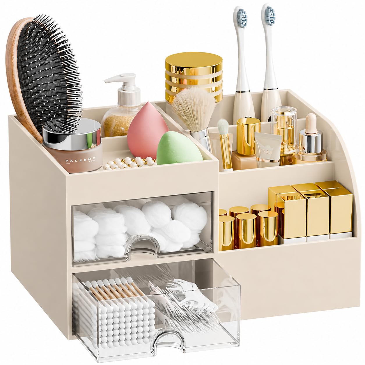 Makeup Organizer with 2 Drawers, Makeup Organizers Countertop for Vanity and Bathroom, Make up organization and Skincare Storage with Brush Holder, for Dresser, Desktop, Cosmetic Display Case(Green)