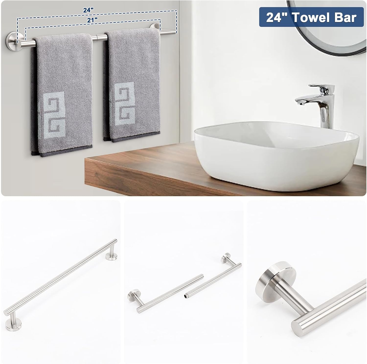 NearMoon 5 Pieces Bathroom Hardware Set SUS304 Thicken Stainless Steel-Towel Rack Kit Include 24" Towel Rod +Bath Towel Ring +Toilet Paper Holder +2 Robe Towel Hooks Bath Accessories (Nickel)