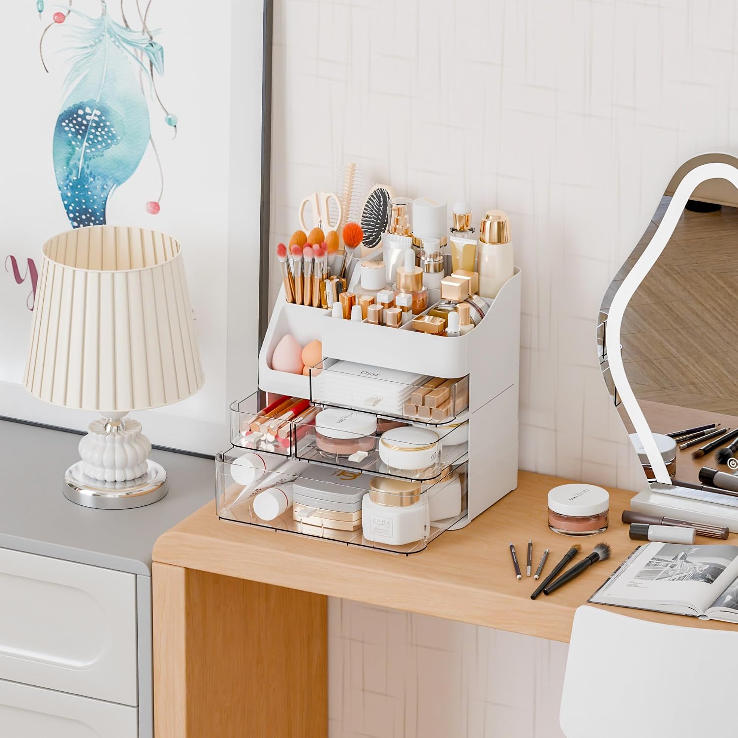 Yieach White Makeup Organizer Countertop With 4 Drawers,Large Cosmetics Storage Organizer for Brush,Hair Products,Plastic Makeup Holders and Beauty Skincare Organizers for Bathroom,Vanity,Dresser Top