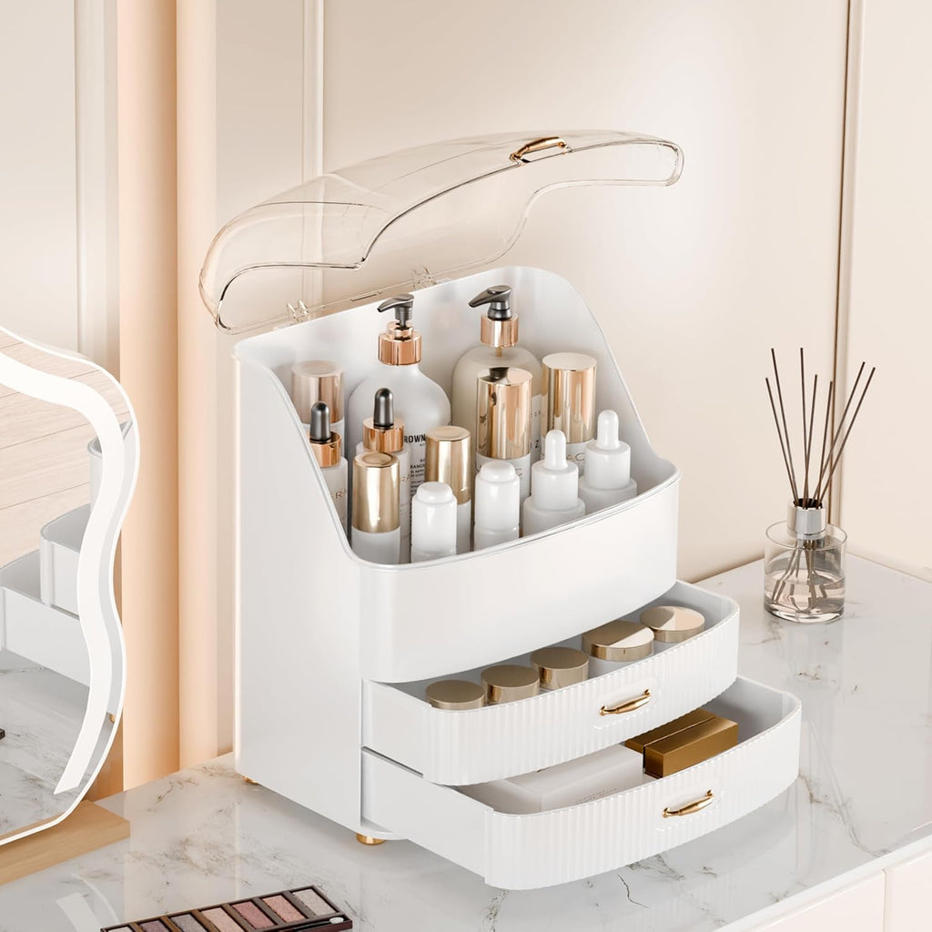 Makeup Organizer Countertop Vanity with Transparent Lid Drawers Waterproof Dustproof Cosmetic Skincare Bathroom Storage Gift for Women Teens Girls (White)