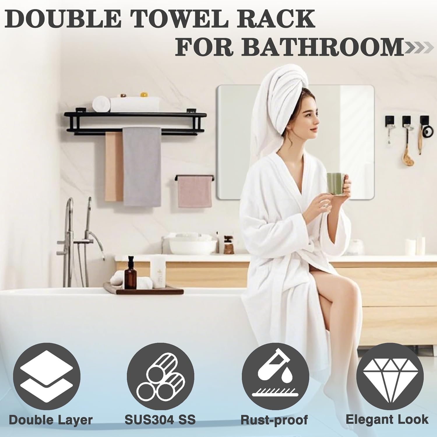 Alise Double Towel Rack for Bathroom Wall Mounted 24 Inch,Matte Black