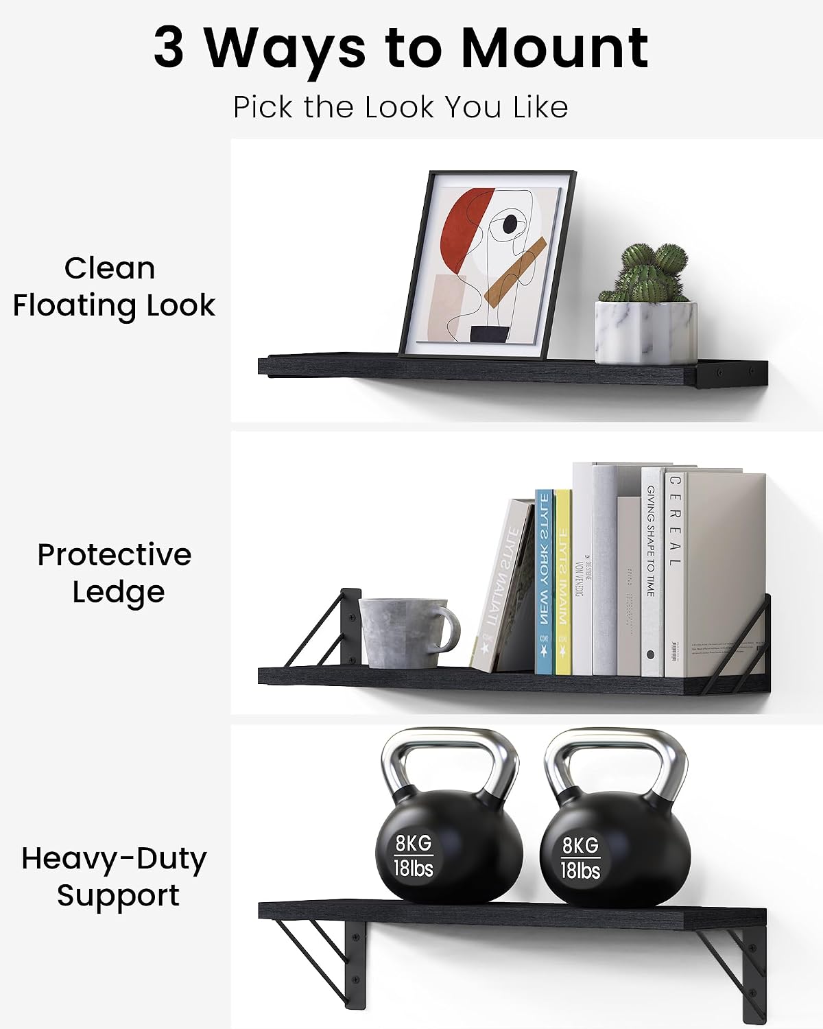 BAYKA Wall Mounted Floating Shelves, Wood Floating Wall Shelf for Books & Decor, Small Space-Saving Display & Organizer（Black，Set of 4）