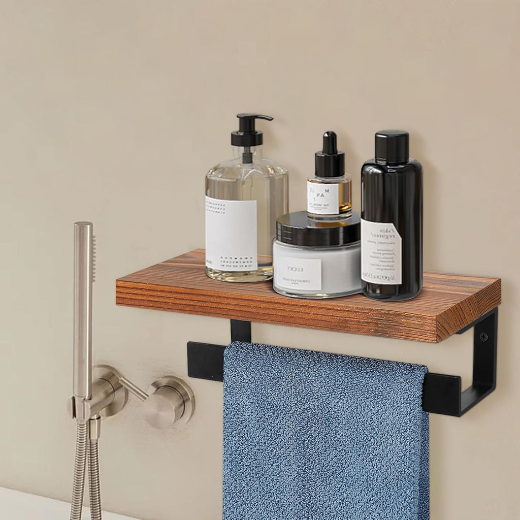 Hand Towel Holder/Towel Ring with Wooden Shelf, Hand Towel Rack, Hand Towel Hanger for Bathroom, Bath Accessories Wall Mounted, (Matte Black, 9"-Squ Shaped)