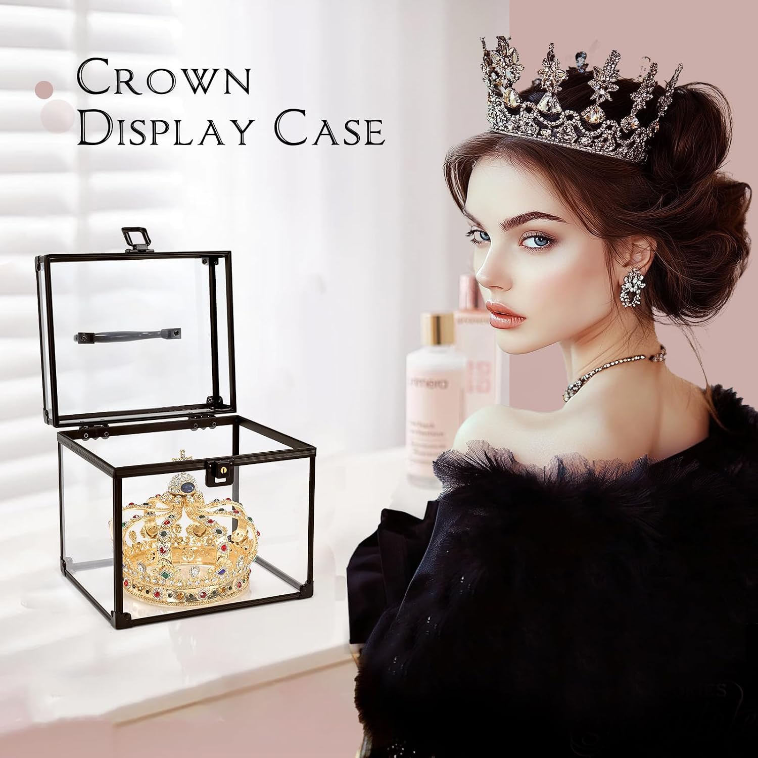 Costravio Clear Makeup Case Crown Box Toiletry Organizer Case Transparent Train Case with Latches Travel Artists Display Case for Vanity Bathroom Counter Dresser Craft Toys Case Makeup Tools Box