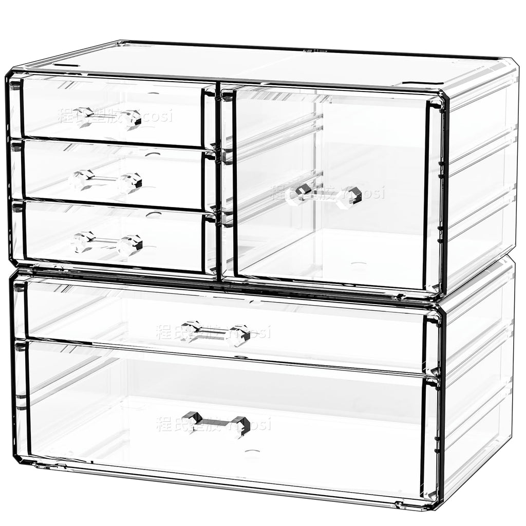 Cq acrylic Clear Stackable Storage Drawers,Plastic Makeup Organizer and Bathroom Storage Bins WIth 9 Drawers For Make up,Medicine,Craft,Pen,Beauty and Office Supply Organizer