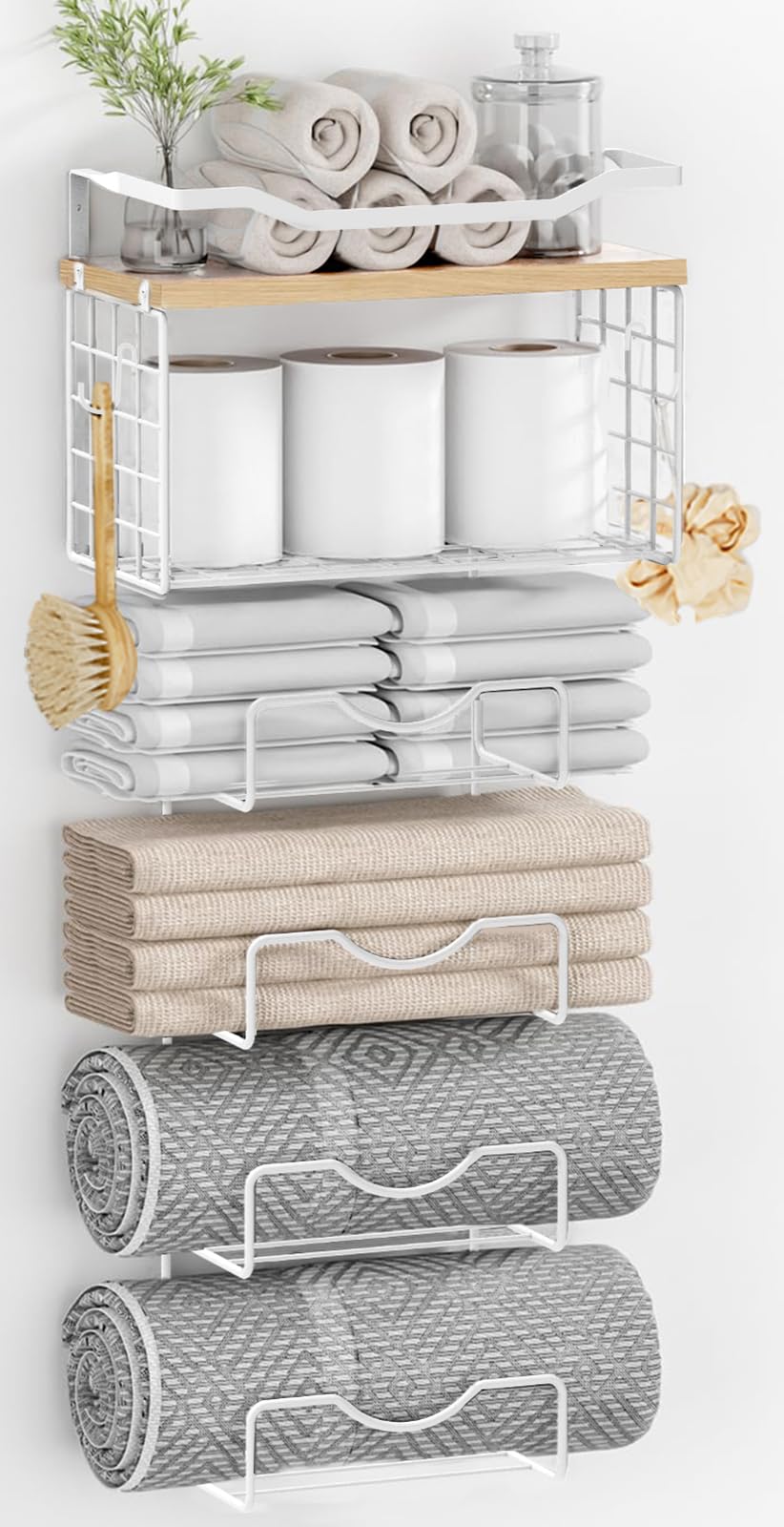 Towel Racks for Bathroom,Towel Rack Wall Mounted, 6 Tier Rolled Or Folded Towel Holder with Floating Shelves, Bathroom Towel Holder for Bath, Hand Towels,Metal and Wood