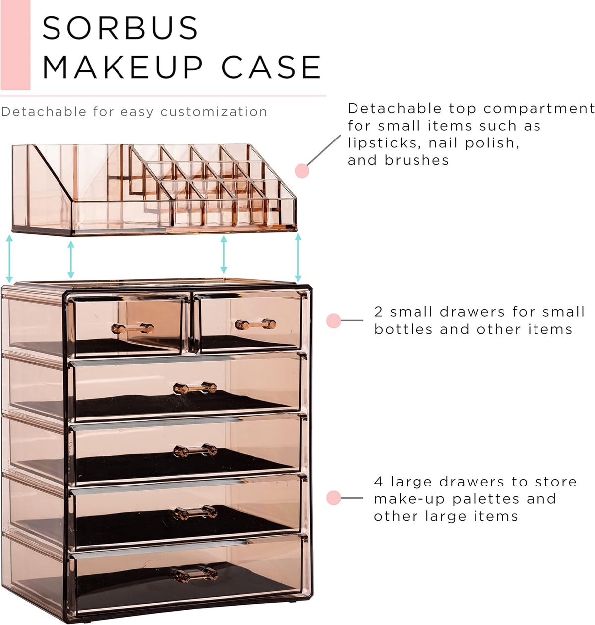 Sorbus Makeup Organizer, 6-Drawer Acrylic 2-Piece Set (Bronze Glow)