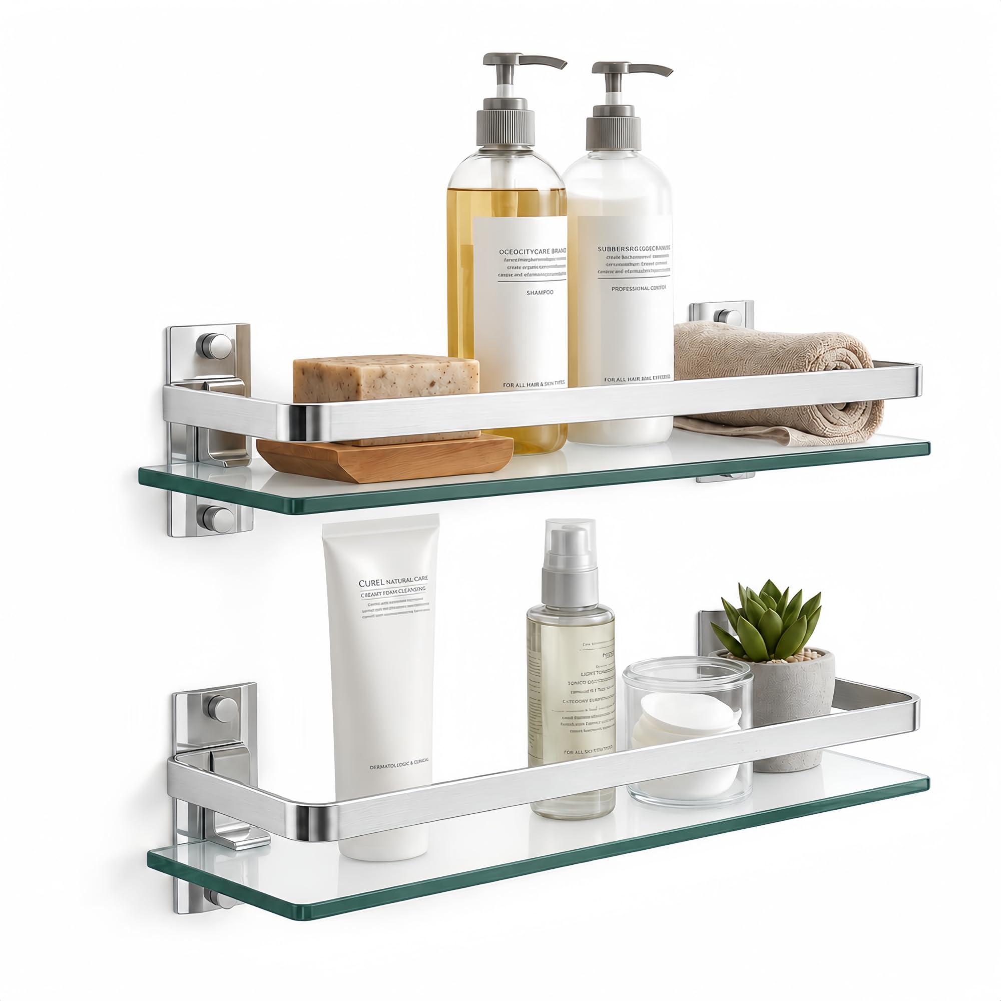Bathroom Glass Shelf 15.7" Black Wall-Mounted, Floating Metal Storage Rack