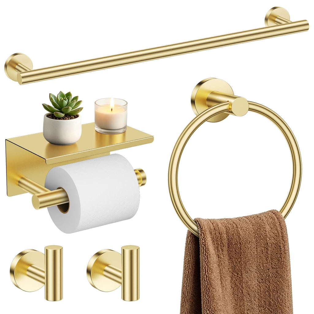 TURS Brushed Gold 5 Piece Bathroom Hardware Set, SUS304 Stainless Steel 24 Inch Bath Towel Bar Set, Round Bathroom Accessories Kit Wall Mounted