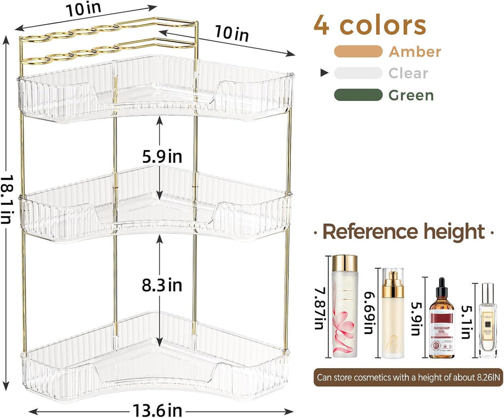 BEFSOP Corner Bathroom Counter Organizer, Upgraded 3-Tier Makeup Organizer Countertop with Makeup Brush Holder, Skincare Exquisite Vanity Organizers Countertop Bathroom Storage Dresser(CLEAR)