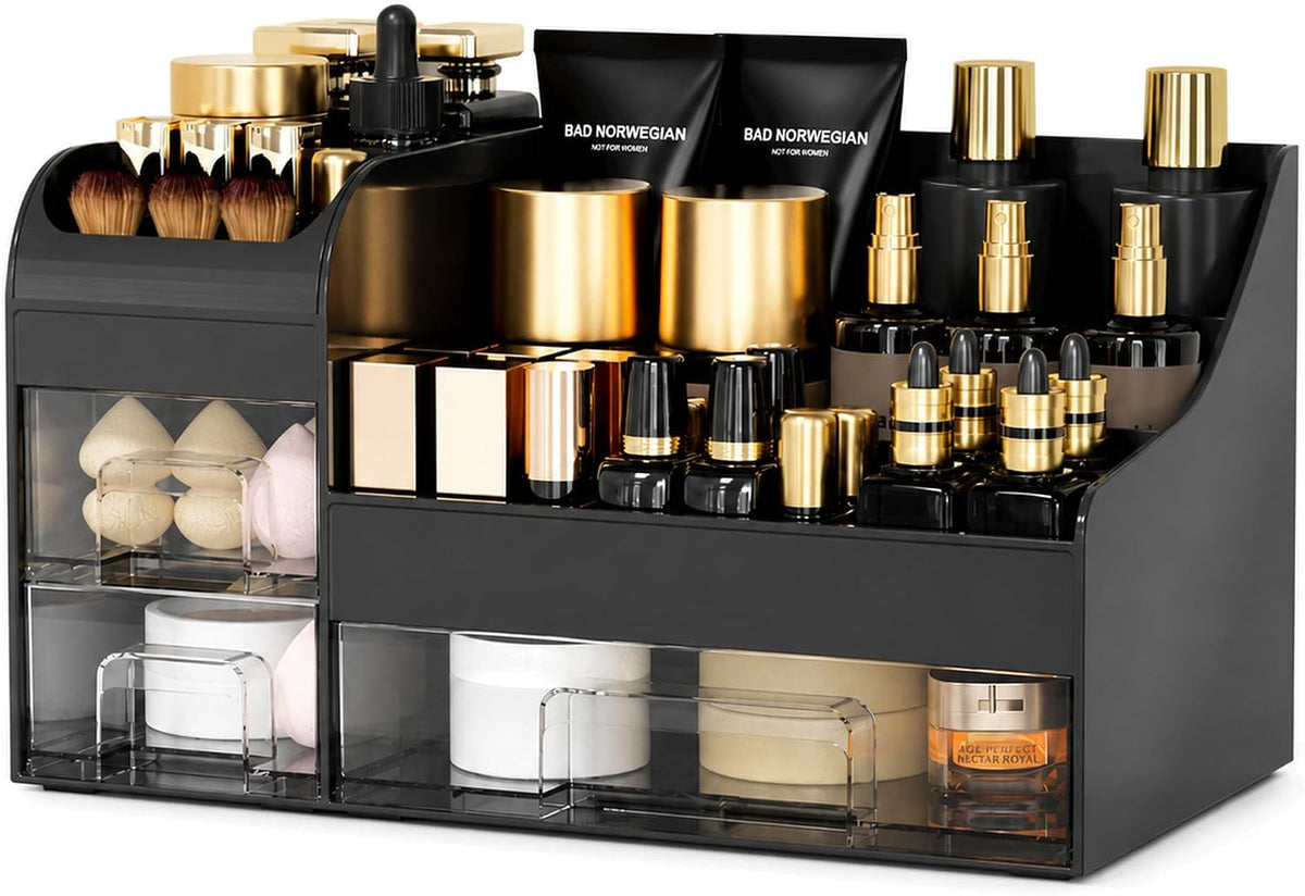 Extra Large Makeup Organizer for Vanity,Countertop Organizer with Drawers and Brush Holder,Men’s Cologne Organizer for Bathroom,Cosmetic Skin Storage for Lipsticks,Nail Polish & Shaving Lotion,Black