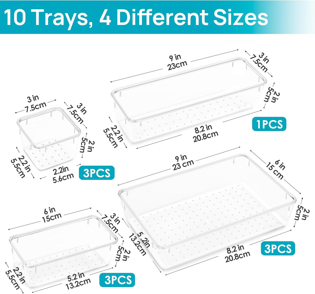 Vtopmart 10 Pack Clear Drawer Organizer Bins, 4 Sizes Makeup Storage Trays