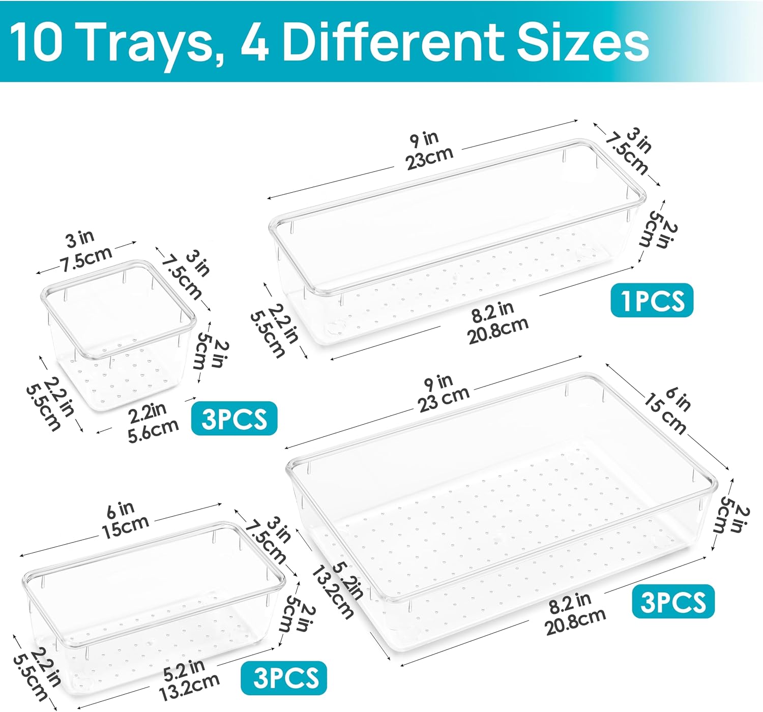 Vtopmart 10 Pack Clear Drawer Organizer Bins, 4 Sizes Makeup Storage Trays