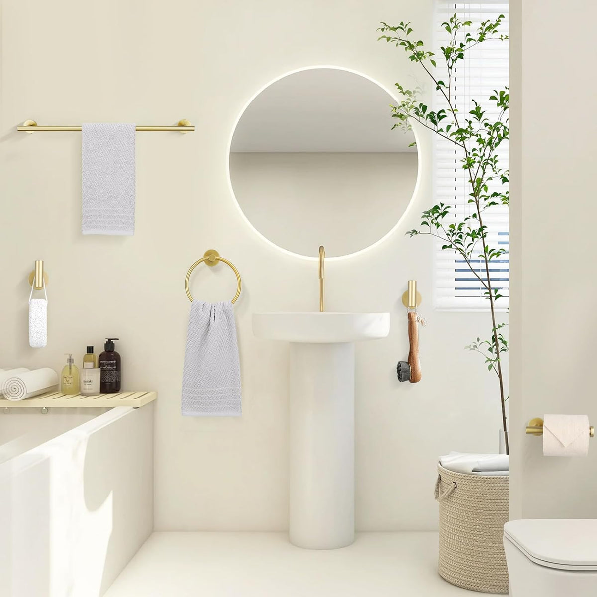 TURS Brushed Gold 5 Piece Bathroom Hardware Set, SUS304 Stainless Steel 24 Inch Bath Towel Bar Set, Round Bathroom Accessories Kit Wall Mounted