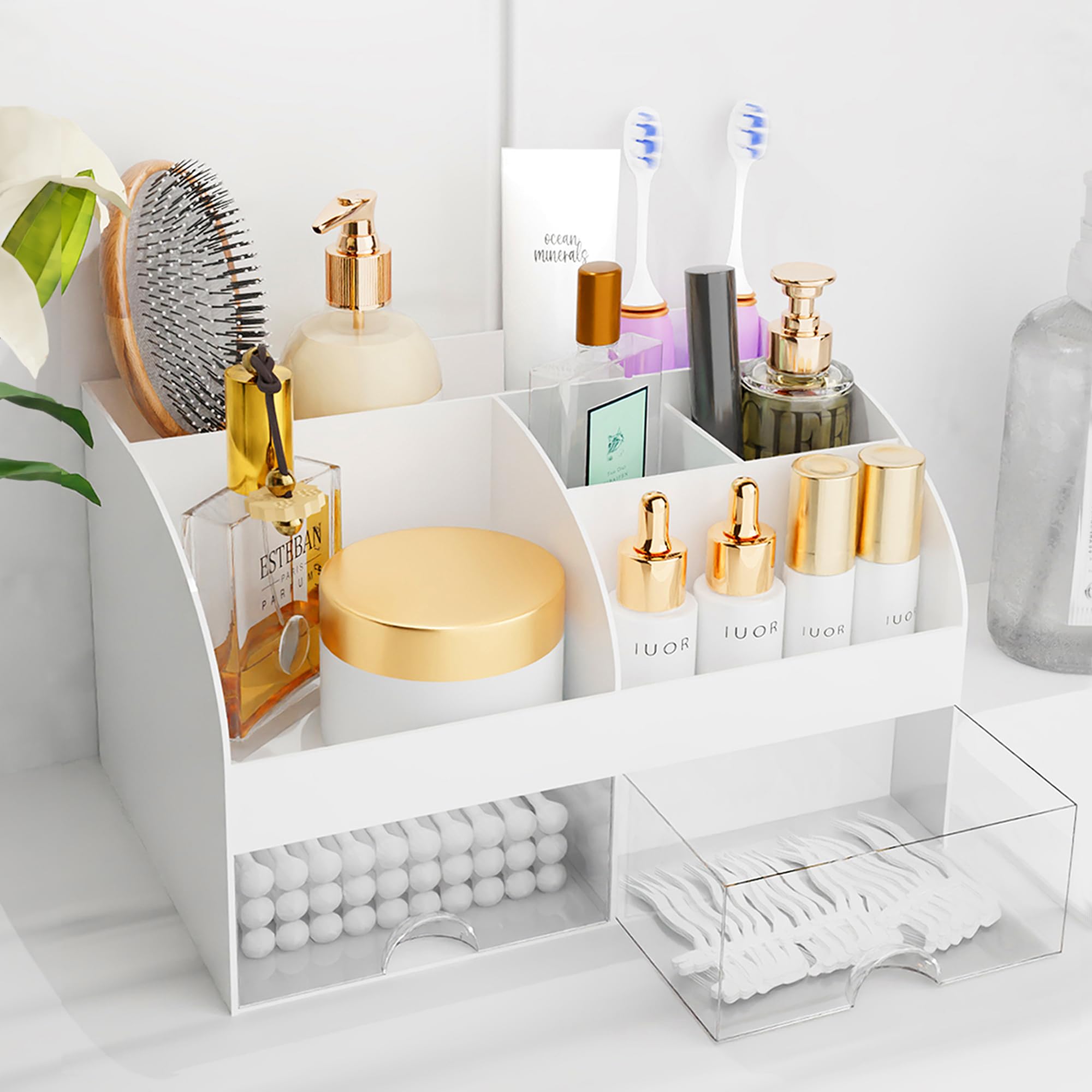 Makeup Organizer with Drawers, Cosmetic Storage for Dresser Vanity and Bathroom Countertop, Beauty Holder for Lipstick Brush, Skincare Organizer for Vanity, Cosmetic Display Case (Black-2Pack)