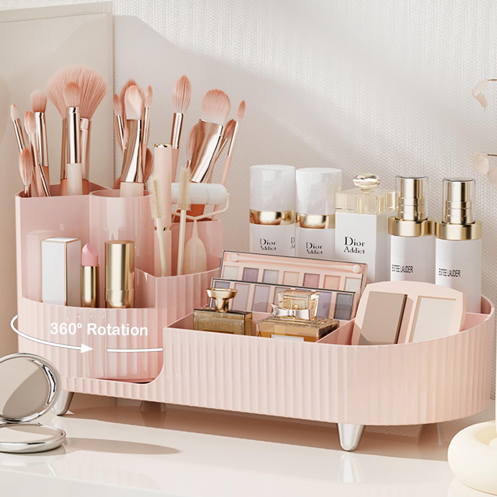 Rotating Makeup Organizer for Vanity with Brush Holder and Drawer, Cosmetic Makeup Storage, Large Spinning Makeup Skincare Organizer, Countertop Makeup Perfume Organizer, Lotions Display Case (Green)