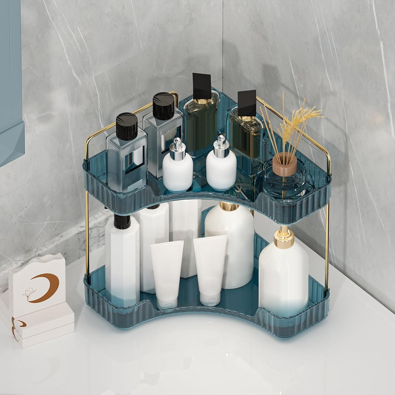 Corner Bathroom Counter Organizer Bathroom Countertop Shelf Makeup Organizer for Vanity Perfume Tray for Corner Storage (2 Tiers, Blue)